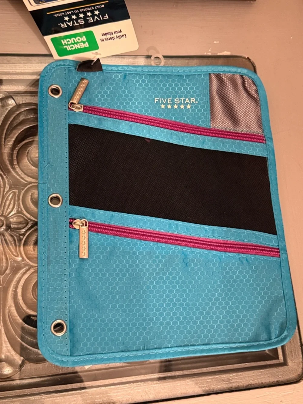 FIVE STAR Teal Mesh Pencil Case with Pink Zippers